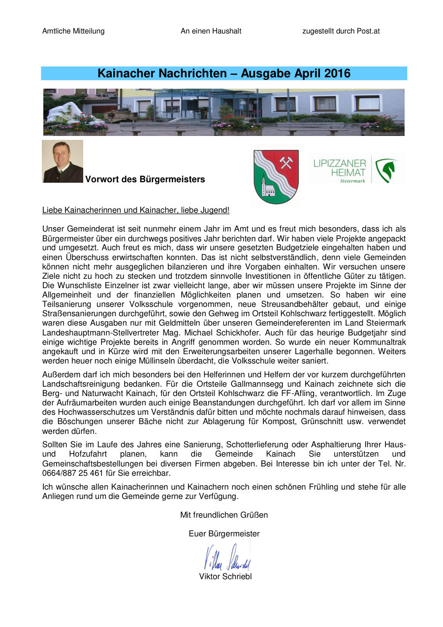Kainacher Nachrichten – April 2016
