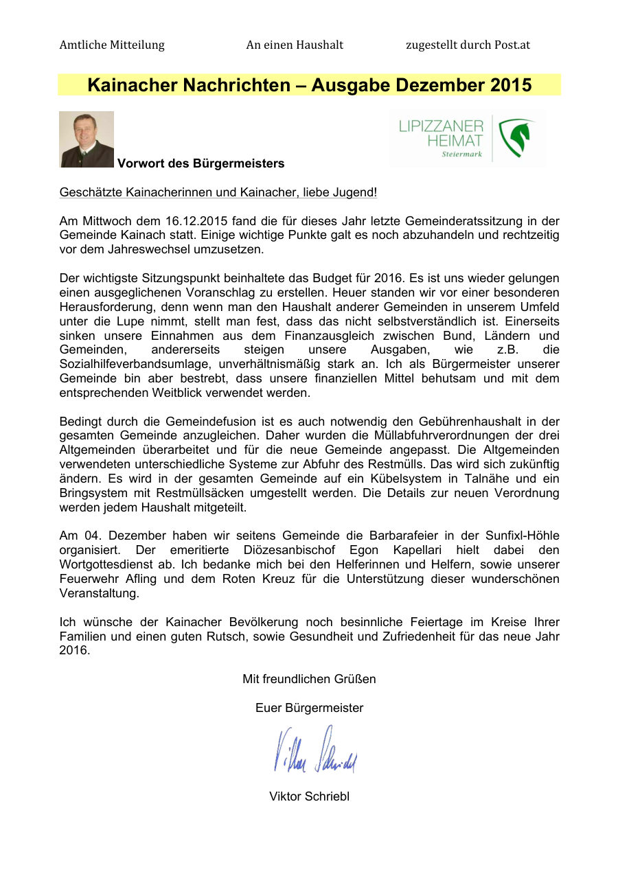 Kainacher Nachrichten – Dezember 2015