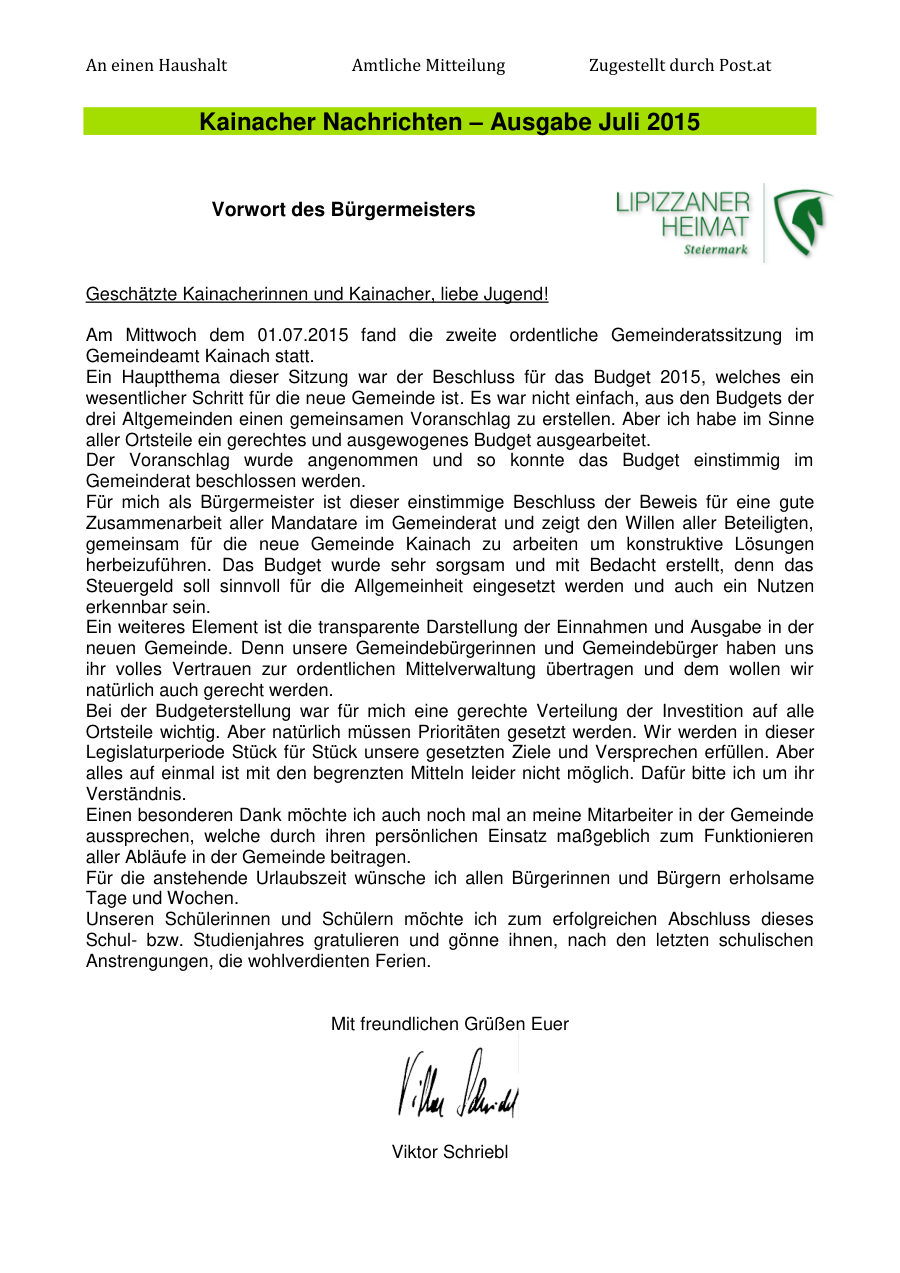 Kainacher Nachrichten – Juli 2015