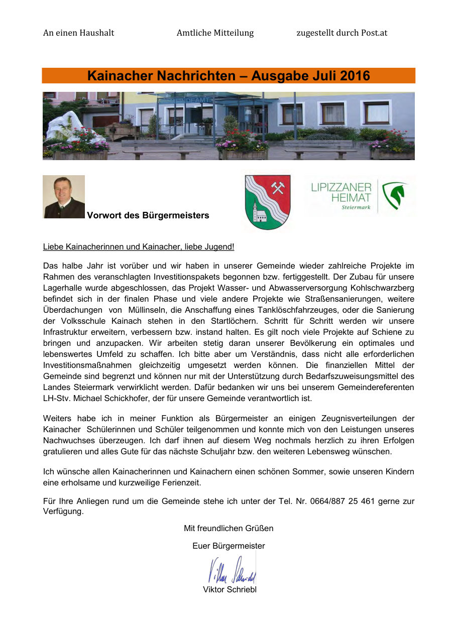 Kainacher Nachrichten – Juli 2016