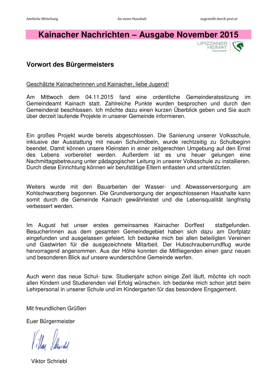 Kainacher Nachrichten – November 2015