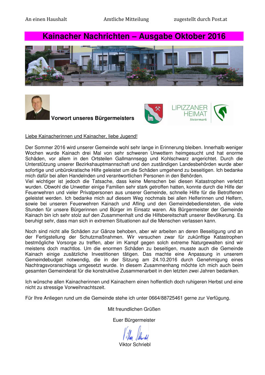 Kainacher Nachrichten – Oktober 2016